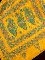 Mango Yellow Color Hand Kantha Stitch Saree with Tuquoise Kantha | Handwoven Kantha Stitch Sarees | Kantha Saress | Bengal Saree - Kaash