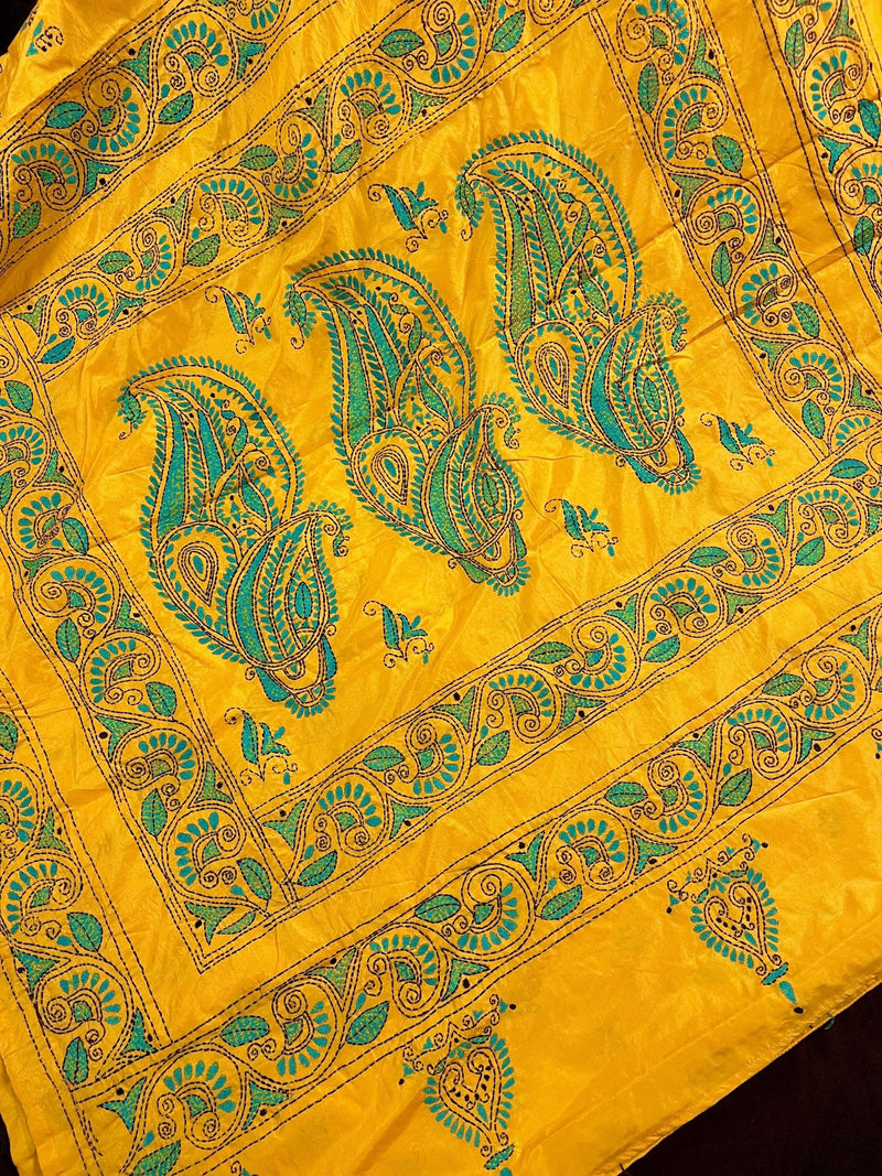 Mango Yellow Color Hand Kantha Stitch Saree with Tuquoise Kantha | Handwoven Kantha Stitch Sarees | Kantha Saress | Bengal Saree - Kaash