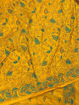 Mango Yellow Color Hand Kantha Stitch Saree with Tuquoise Kantha | Handwoven Kantha Stitch Sarees | Kantha Saress | Bengal Saree - Kaash