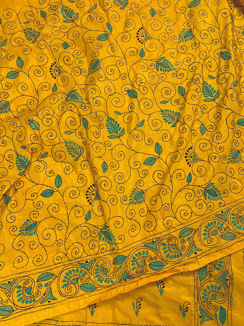Mango Yellow Color Hand Kantha Stitch Saree with Tuquoise Kantha | Handwoven Kantha Stitch Sarees | Kantha Saress | Bengal Saree - Kaash