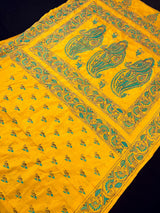 Mango Yellow Color Hand Kantha Stitch Saree with Tuquoise Kantha | Handwoven Kantha Stitch Sarees | Kantha Saress | Bengal Saree - Kaash
