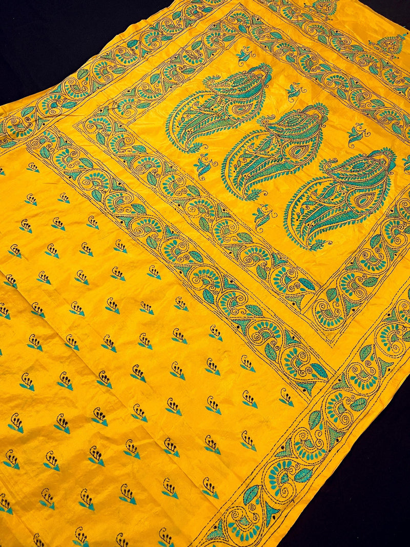 Mango Yellow Color Hand Kantha Stitch Saree with Tuquoise Kantha | Handwoven Kantha Stitch Sarees | Kantha Saress | Bengal Saree - Kaash