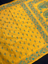 Mango Yellow Color Hand Kantha Stitch Saree with Tuquoise Kantha | Handwoven Kantha Stitch Sarees | Kantha Saress | Bengal Saree - Kaash