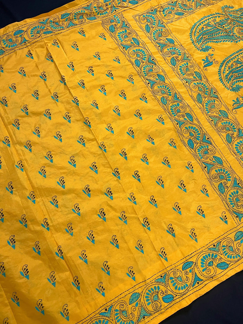 Mango Yellow Color Hand Kantha Stitch Saree with Tuquoise Kantha | Handwoven Kantha Stitch Sarees | Kantha Saress | Bengal Saree - Kaash
