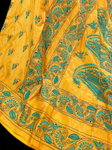Mango Yellow Color Hand Kantha Stitch Saree with Tuquoise Kantha | Handwoven Kantha Stitch Sarees | Kantha Saress | Bengal Saree - Kaash