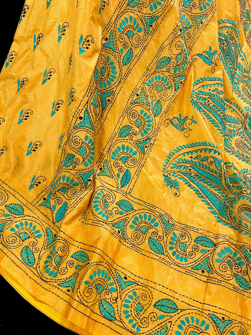 Mango Yellow Color Hand Kantha Stitch Saree with Tuquoise Kantha | Handwoven Kantha Stitch Sarees | Kantha Saress | Bengal Saree - Kaash