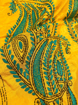 Mango Yellow Color Hand Kantha Stitch Saree with Tuquoise Kantha | Handwoven Kantha Stitch Sarees | Kantha Saress | Bengal Saree - Kaash