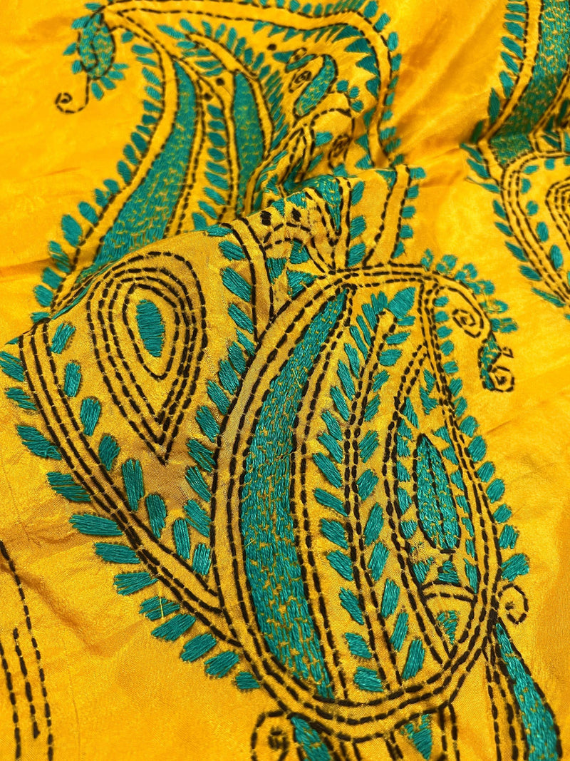 Mango Yellow Color Hand Kantha Stitch Saree with Tuquoise Kantha | Handwoven Kantha Stitch Sarees | Kantha Saress | Bengal Saree - Kaash