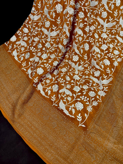 Mango Yellow Banarasi saree in pure crepe silk with banarasi border with parsi gara embroidery with banarasi border — Kaash Collection