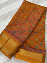 Mango Yellow Cotton Silk Print saree in soft cotton silk with floral print in kantha-inspired pattern — Kaash Collection