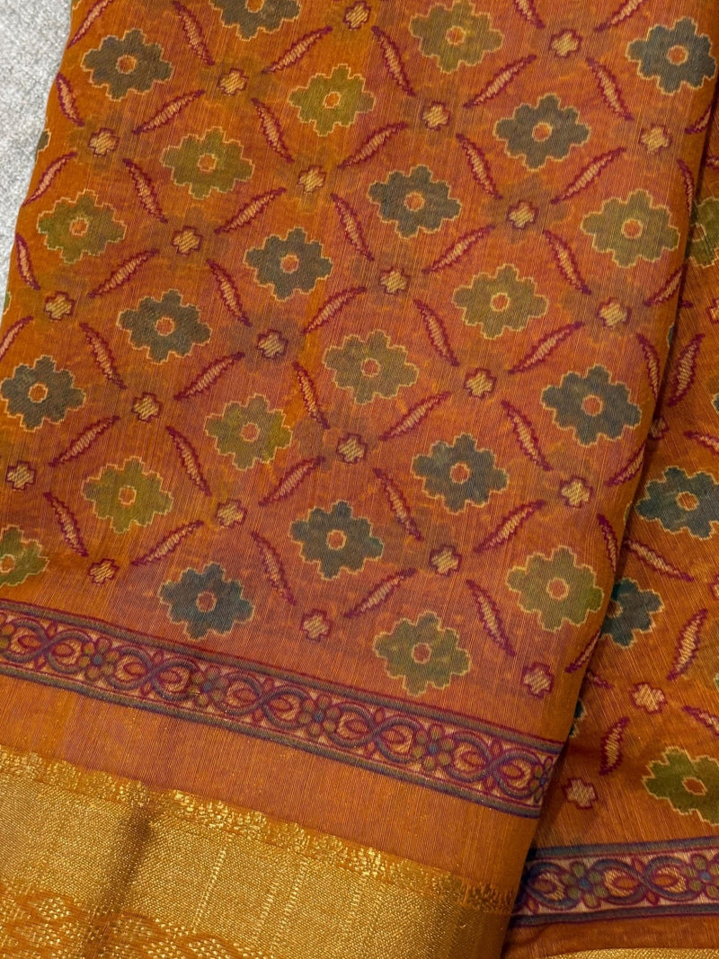 Mango Yellow Cotton Silk Print saree in soft cotton silk with floral print in kantha-inspired pattern — Kaash Collection
