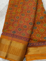 Mango Yellow Cotton Silk Print saree in soft cotton silk with floral print in kantha-inspired pattern — Kaash Collection