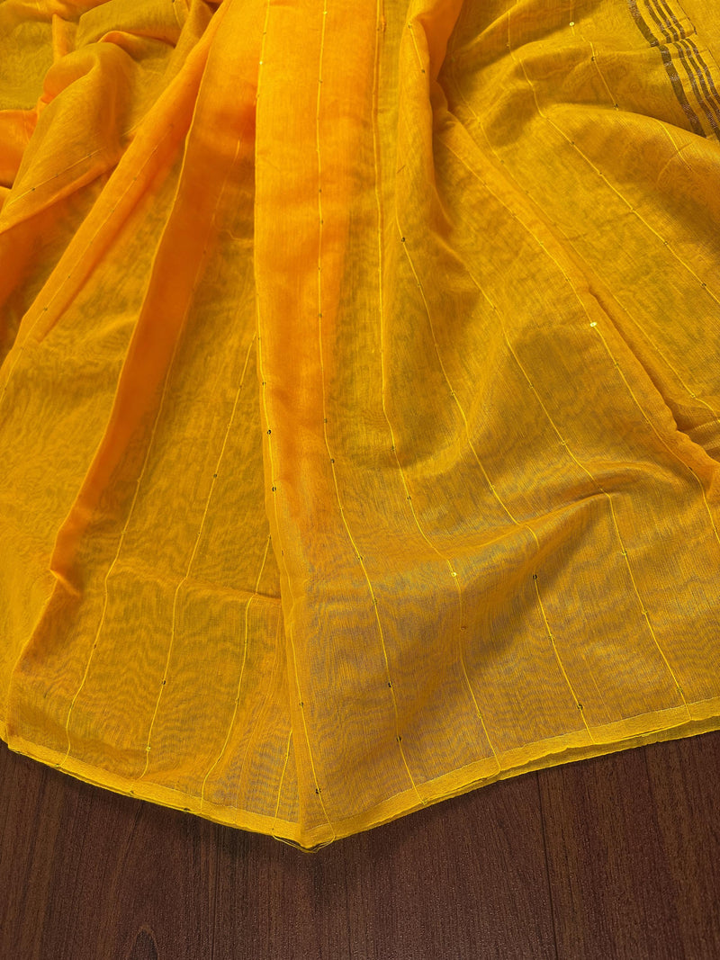Mango Yellow Handloom Saree with tiny Sequence Work | Handloom Sarees | Sequin Saree | Sarees for Gift - Kaash