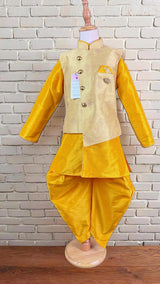 Mango Yellow Kurta-Dhoti with Gold Jacket 3-piece kurta pajama set for boys with jacket-style with balloon dhoti — Kaash Collection