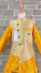 Mango Yellow Kurta-Dhoti with Gold Jacket 3-piece kurta pajama set for boys with jacket-style with balloon dhoti — Kaash Collection