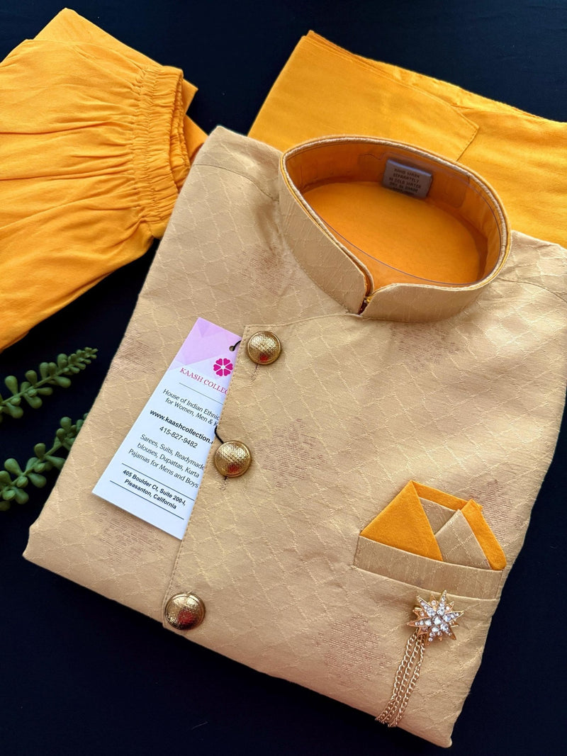 Mango Yellow Kurta-Dhoti with Gold Jacket 3-piece kurta pajama set for boys with jacket-style with balloon dhoti — Kaash Collection