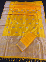 Silk Mark Certified Mango Yellow Pure Katan saree in pure katan silk with antique copper zari handwoven — Kaash Collection