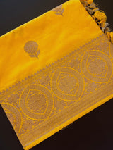 Silk Mark Certified Mango Yellow Pure Katan saree in pure katan silk with antique copper zari handwoven — Kaash Collection