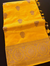 Silk Mark Certified Mango Yellow Pure Katan saree in pure katan silk with antique copper zari handwoven — Kaash Collection