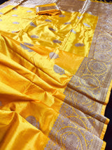 Silk Mark Certified Mango Yellow Pure Katan saree in pure katan silk with antique copper zari handwoven — Kaash Collection