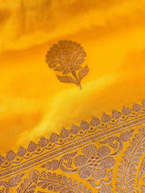 Silk Mark Certified Mango Yellow Pure Katan saree in pure katan silk with antique copper zari handwoven — Kaash Collection