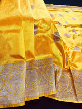 Silk Mark Certified Mango Yellow Pure Katan saree in pure katan silk with antique copper zari handwoven — Kaash Collection