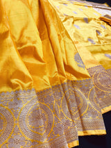 Silk Mark Certified Mango Yellow Pure Katan saree in pure katan silk with antique copper zari handwoven — Kaash Collection