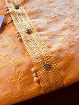 Mango Yellow men's kurta pajama in raw silk with floral self-embroidery on front, back & sleeves — Kaash Collection