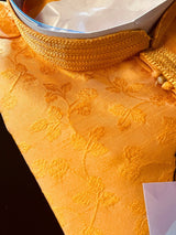 Mango Yellow men's kurta pajama in raw silk with floral self-embroidery on front, back & sleeves — Kaash Collection