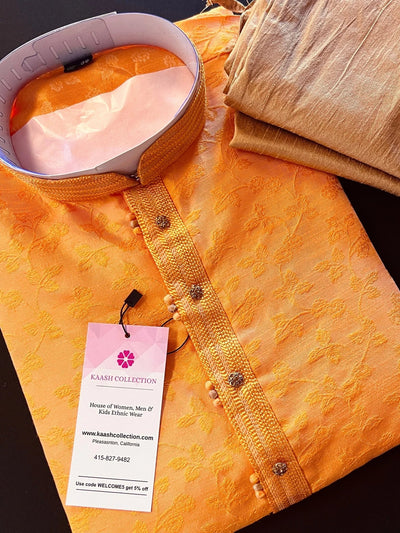 Mango Yellow men's kurta pajama in raw silk with floral self-embroidery on front, back & sleeves — Kaash Collection