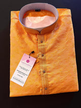 Mango Yellow men's kurta pajama in raw silk with floral self-embroidery on front, back & sleeves — Kaash Collection