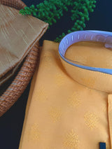 Mango Yellow men's kurta pajama in raw silk with all-over design pattern — Kaash Collection