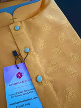 Mango Yellow men's kurta pajama in raw silk with all-over design pattern — Kaash Collection