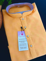 Mango Yellow men's kurta pajama in raw silk with all-over design pattern — Kaash Collection