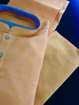 Mango Yellow men's kurta pajama in raw silk with all-over design pattern — Kaash Collection