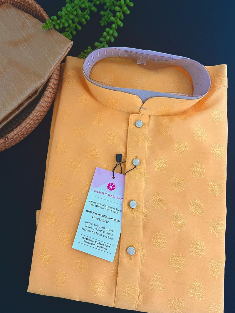 Mango Yellow Raw Silk Men Kurta Pajama Set | Self Design material | Mens Ethnic Wear | Haldi Ceremony Kurta - Kaash