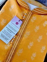 Mango Yellow men's kurta pajama in soft silk (non-pure) with silver floral pattern — Kaash Collection