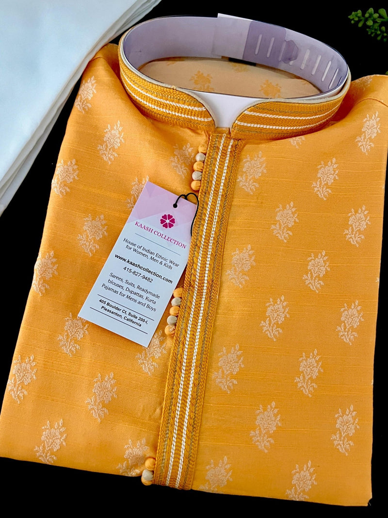 Mango Yellow men's kurta pajama in soft silk (non-pure) with silver floral pattern — Kaash Collection