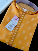 Mango Yellow men's kurta pajama in soft silk (non-pure) with silver floral pattern — Kaash Collection
