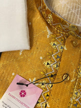 Mango Yellow men's kurta pajama in soft silk with hand-embroidered neckline with mirror work — Kaash Collection