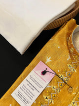 Mango Yellow men's kurta pajama in soft silk with hand-embroidered neckline with mirror work — Kaash Collection
