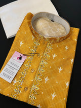 Mango Yellow men's kurta pajama in soft silk with hand-embroidered neckline with mirror work — Kaash Collection
