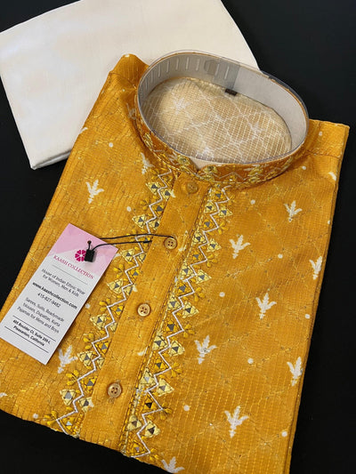 Mango Yellow men's kurta pajama in soft silk with hand-embroidered neckline with mirror work — Kaash Collection