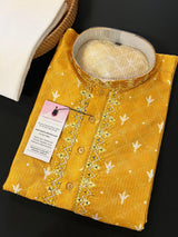 Mango Yellow men's kurta pajama in soft silk with hand-embroidered neckline with mirror work — Kaash Collection