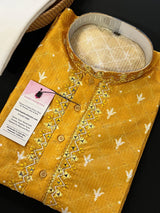 Mango Yellow men's kurta pajama in soft silk with hand-embroidered neckline with mirror work — Kaash Collection