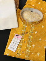 Mango Yellow men's kurta pajama in soft silk with hand-embroidered neckline with mirror work — Kaash Collection