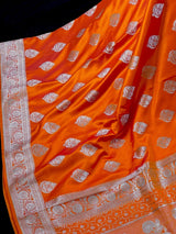 Marigold Color Banarasi Mashru Silk Saree, Muted Gold Zari Weave, Small Border - Kaash