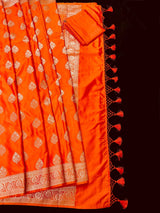 Marigold Color Banarasi Mashru Silk Saree, Muted Gold Zari Weave, Small Border - Kaash