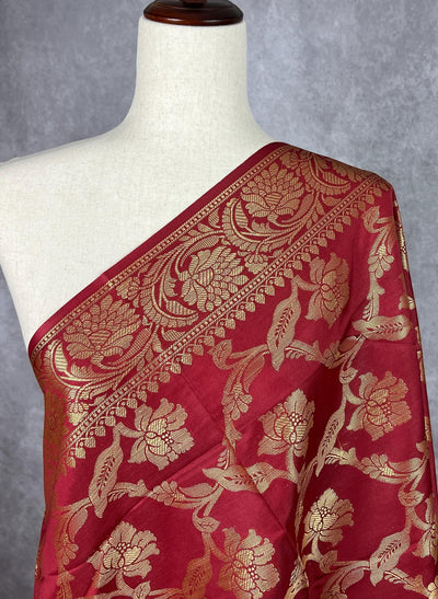 Maroon Banarasi Floral Soft Silk dupatta in soft silk (non-pure) with floral jaal with muted gold zari — Kaash Collection