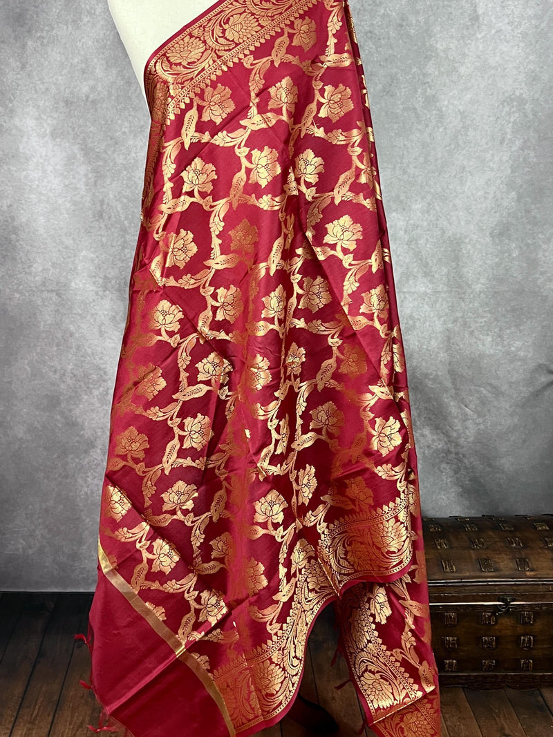 Maroon Color Banarasi Floral Soft Silk dupatta with Muted Gold Zari Weaving | Light Weight Dupatta | Silk Dupatta | Stole | Gift For Her - Kaash